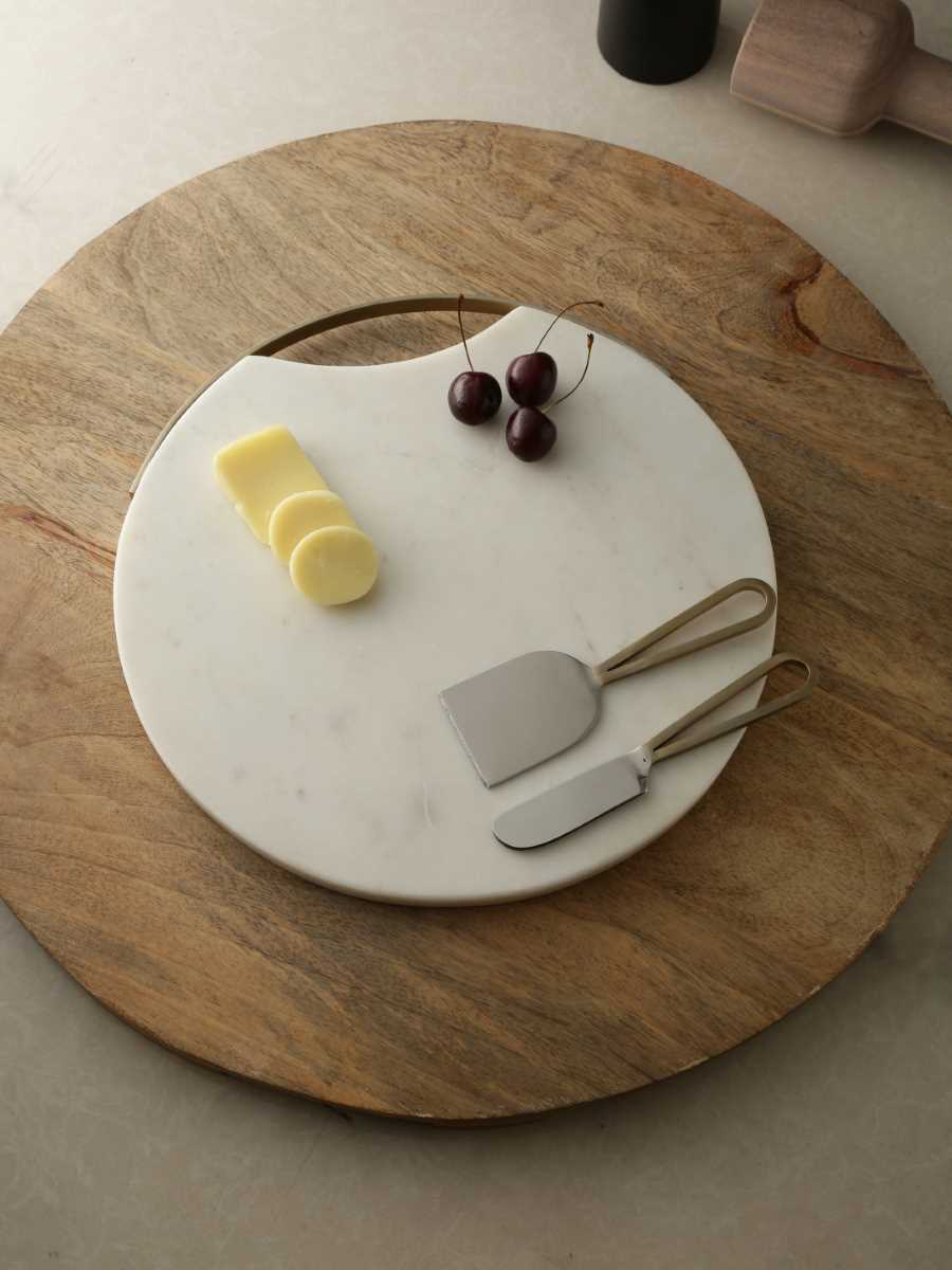 Marble Chopping Board With Golden Metal Rim Handle & Cheese Tool Set