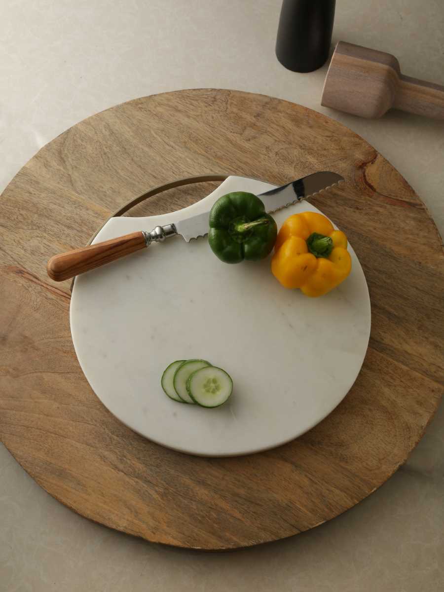 Marble Chopping Board With Golden Metal Rim Handle & Cheese Tool Set