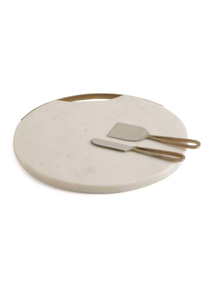 Marble Chopping Board With Golden Metal Rim Handle & Cheese Tool Set