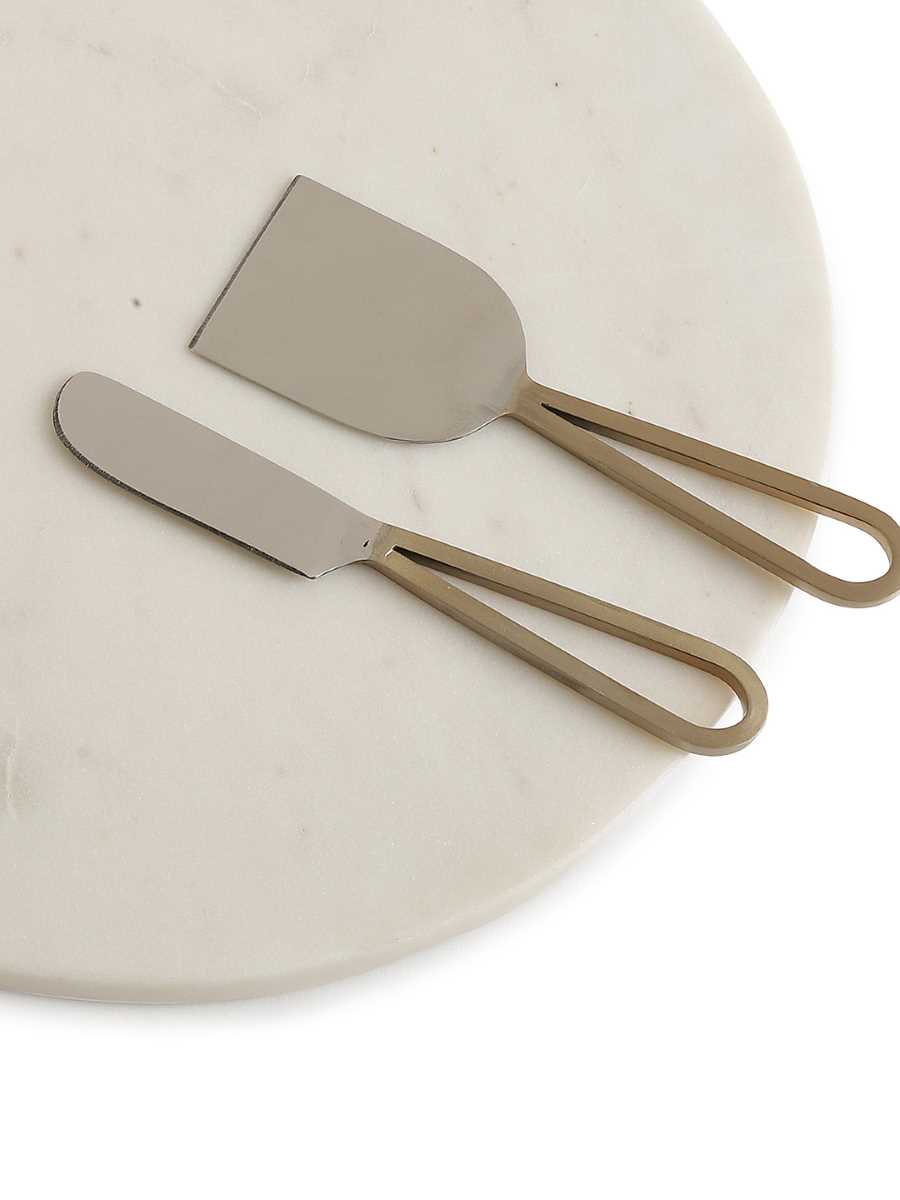 Marble Chopping Board With Golden Metal Rim Handle & Cheese Tool Set