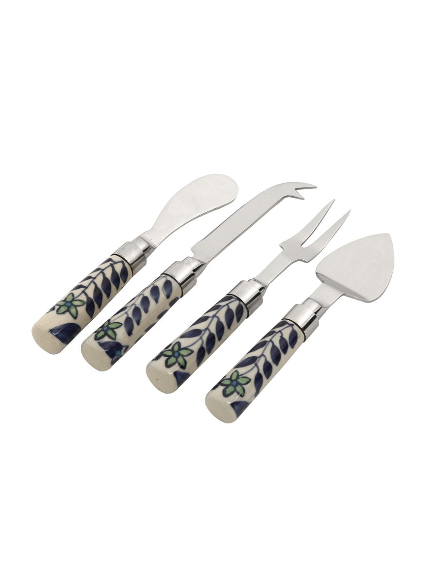 Hand Painted White & Blue Cheese Knives - Flower Design (Set Of 4)