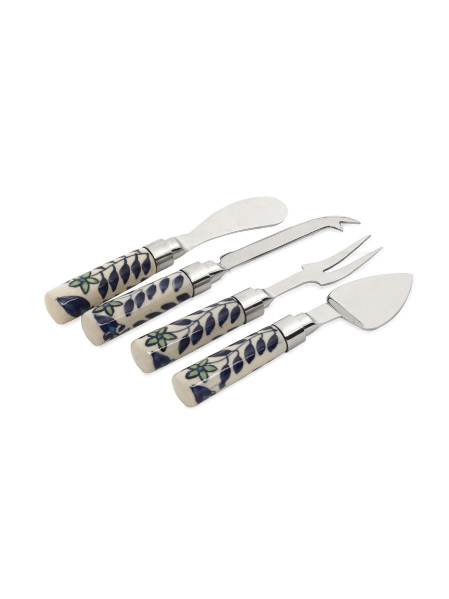 Hand Painted White & Blue Cheese Knives - Flower Design (Set Of 4)