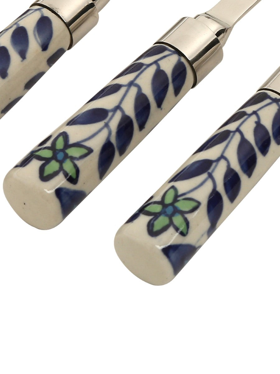 Hand Painted White & Blue Cheese Knives - Flower Design (Set Of 4)