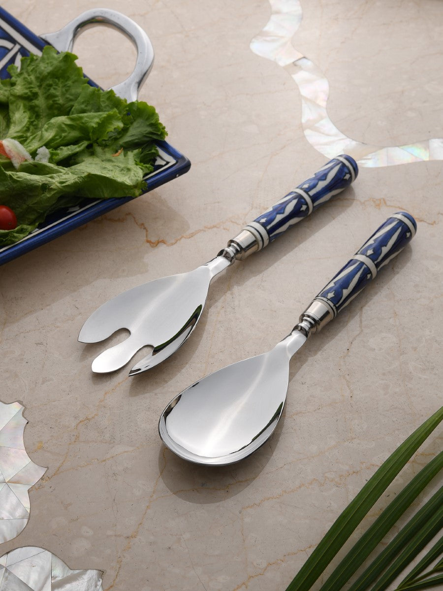 Hand painted Blue & White Salad Servers- Geometric Design (Set Of 2)