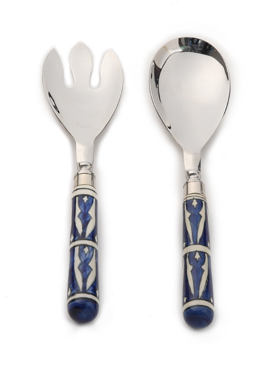 Hand painted Blue & White Salad Servers- Geometric Design (Set Of 2)