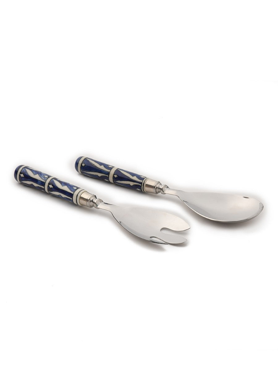 Hand painted Blue & White Salad Servers- Geometric Design (Set Of 2)