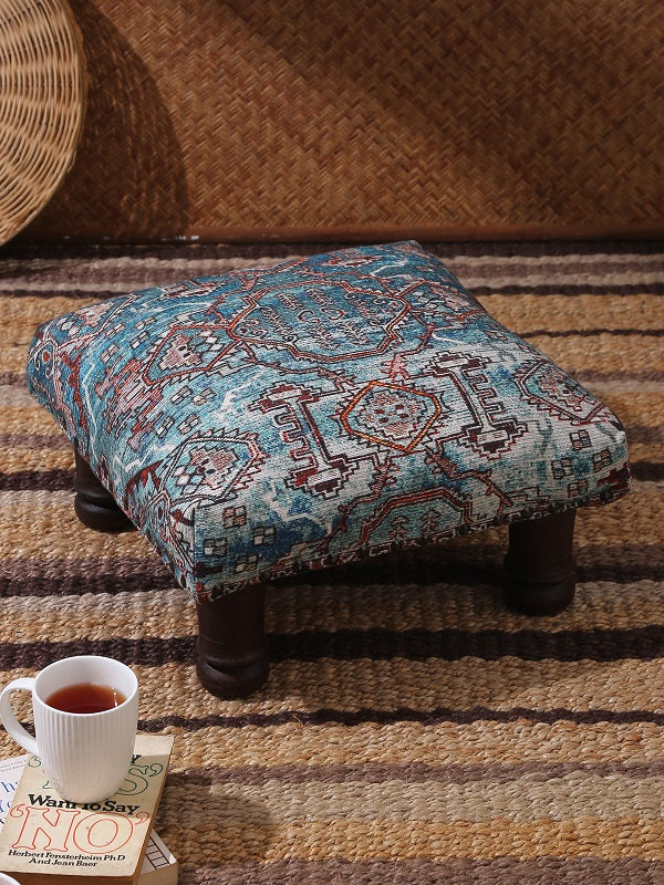 Teal Wooden Stool with Carpet Design Top