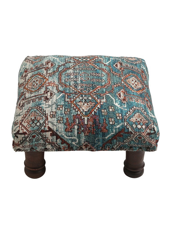 Teal Wooden Stool with Carpet Design Top