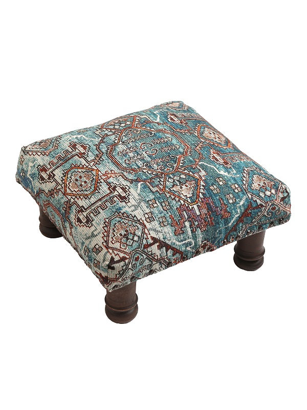 Teal Wooden Stool with Carpet Design Top