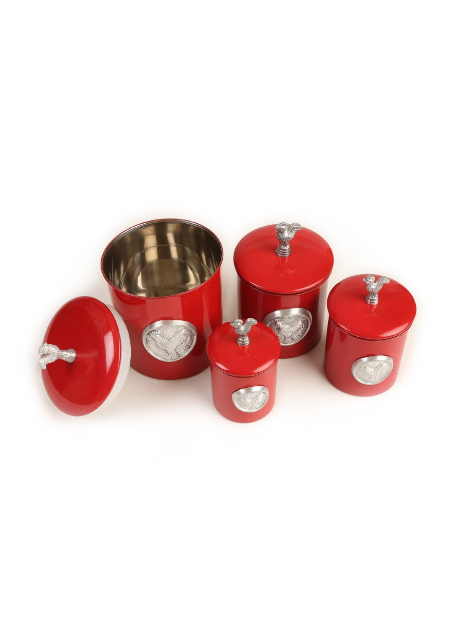 Red Canister Set with Rooster Design (Set of 4)