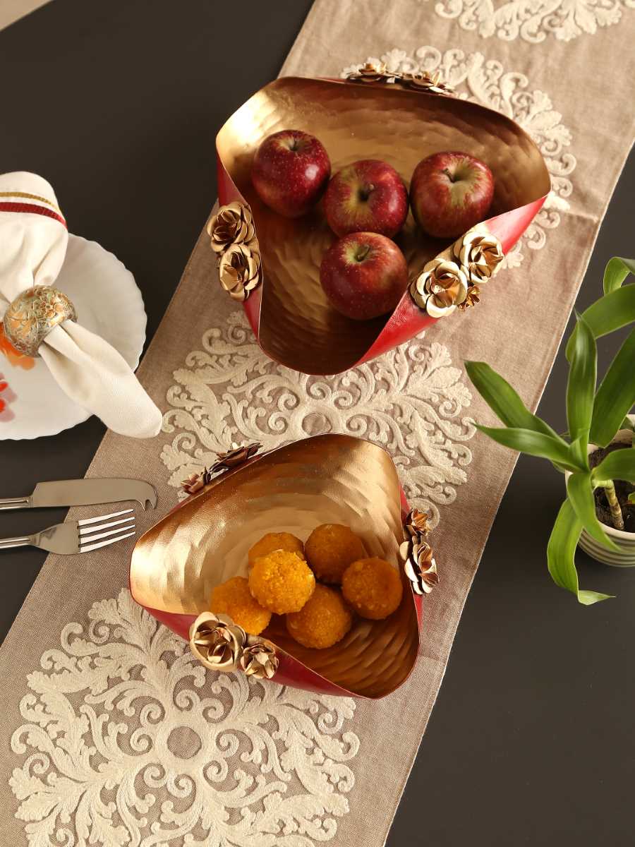 Gold And Red Flower Detail Platter (Set Of 2)