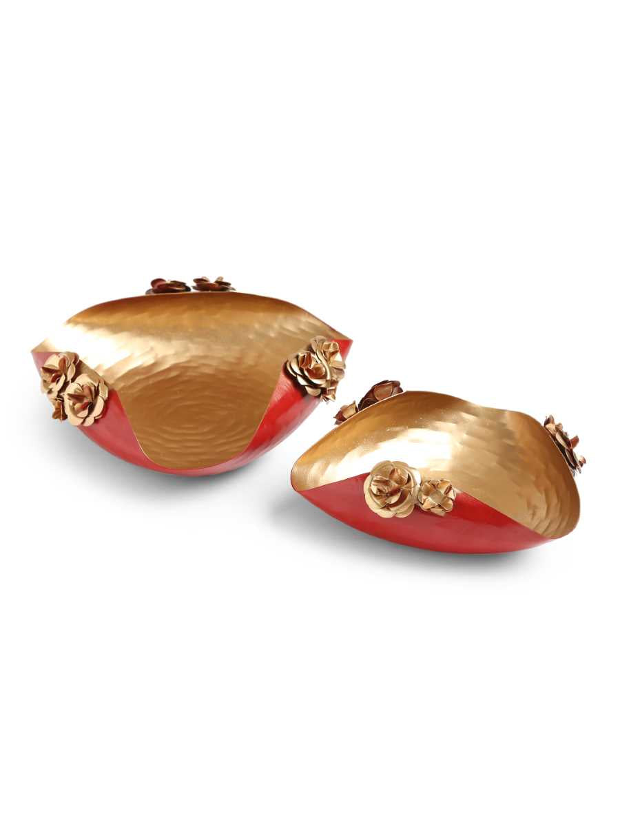 Gold And Red Flower Detail Platter (Set Of 2)