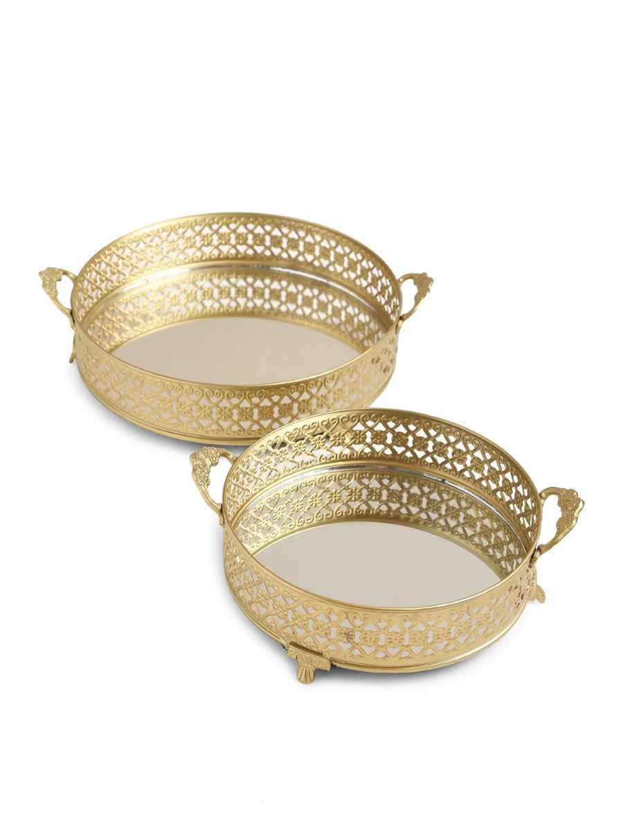 Traditional Platter With Mirror Base And Handle (Set Of 2)