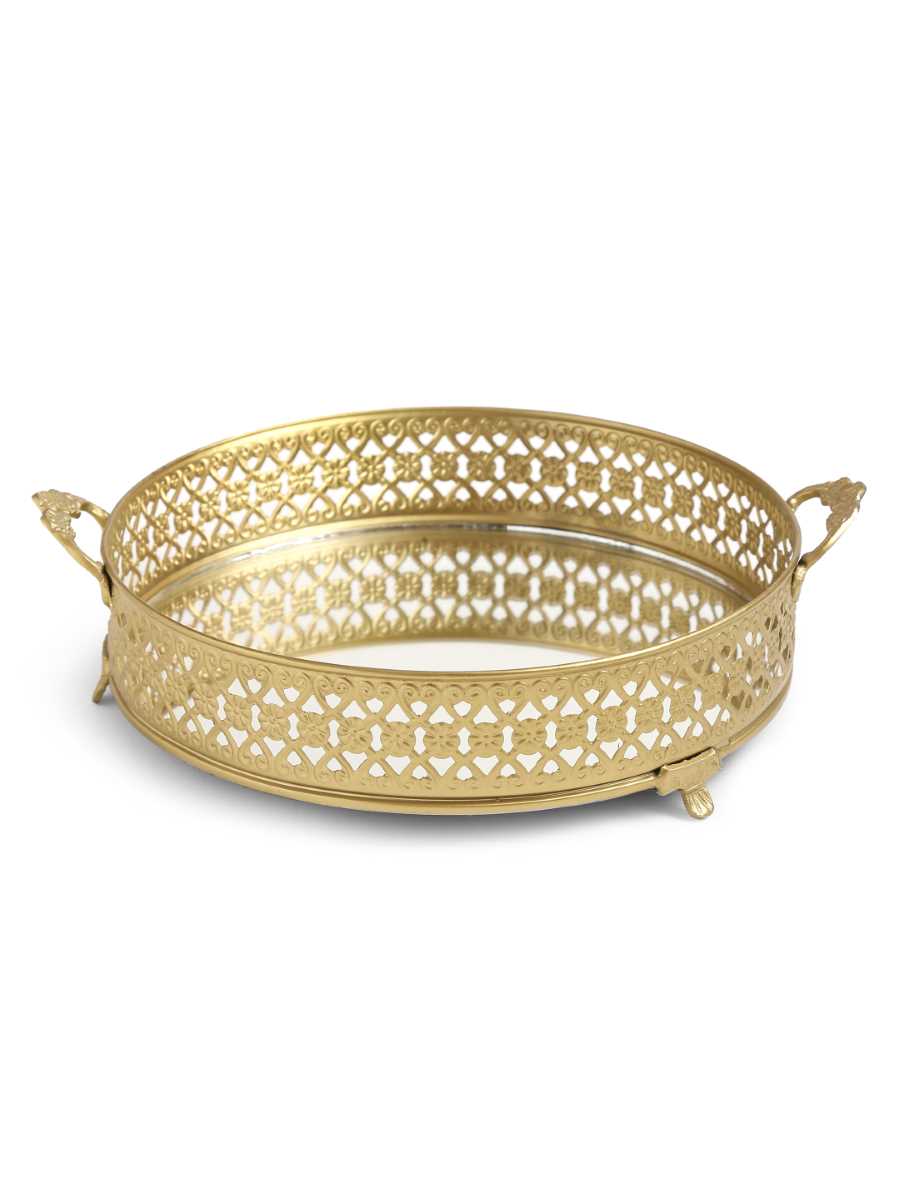 Traditional Platter With Mirror Base And Handle (Set Of 2)