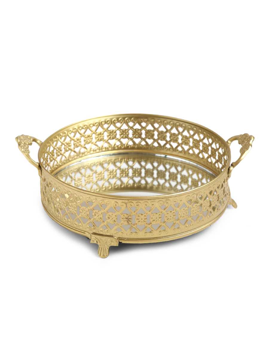 Traditional Platter With Mirror Base And Handle (Set Of 2)