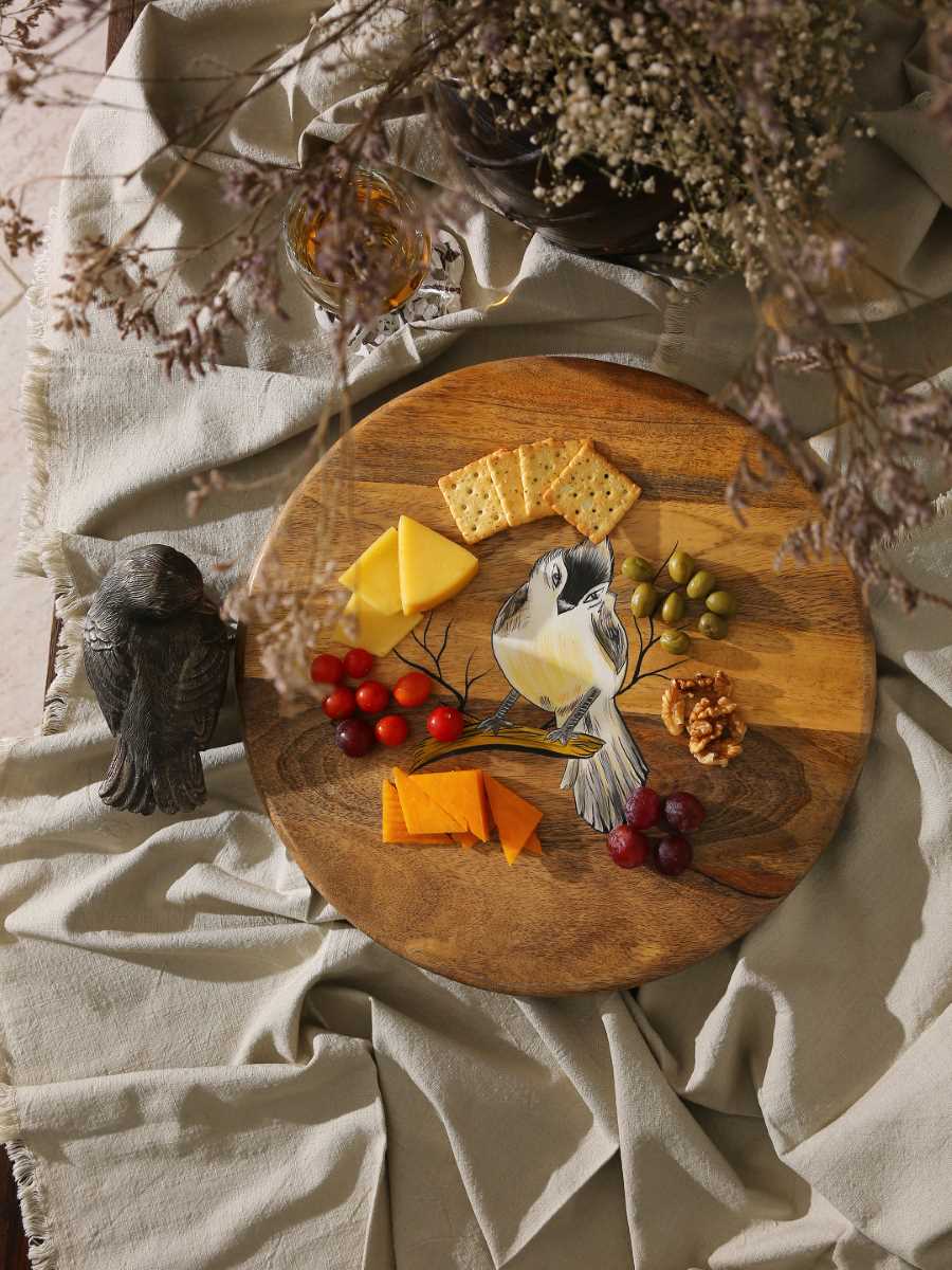 Bird Pattern Painted Lazy Susan Platter In Mango Wood