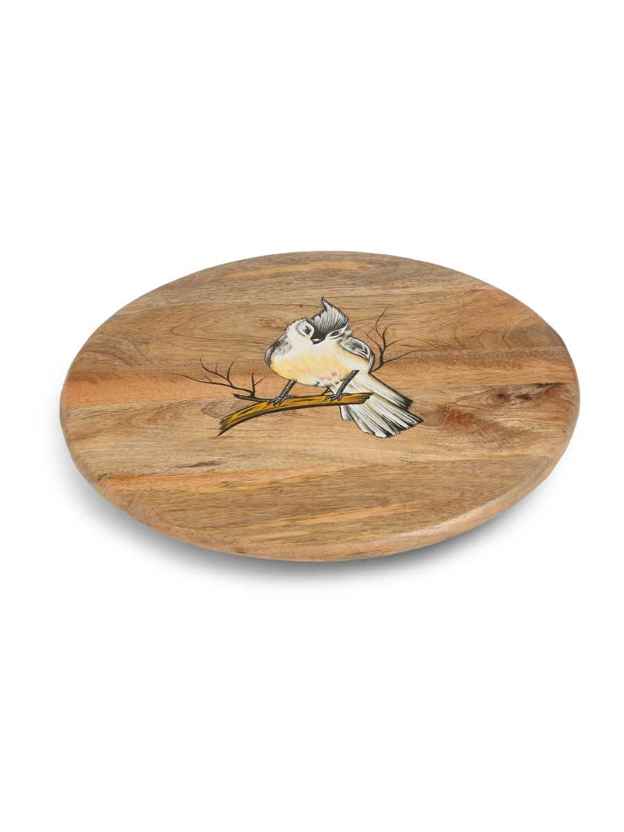 Bird Pattern Painted Lazy Susan Platter In Mango Wood