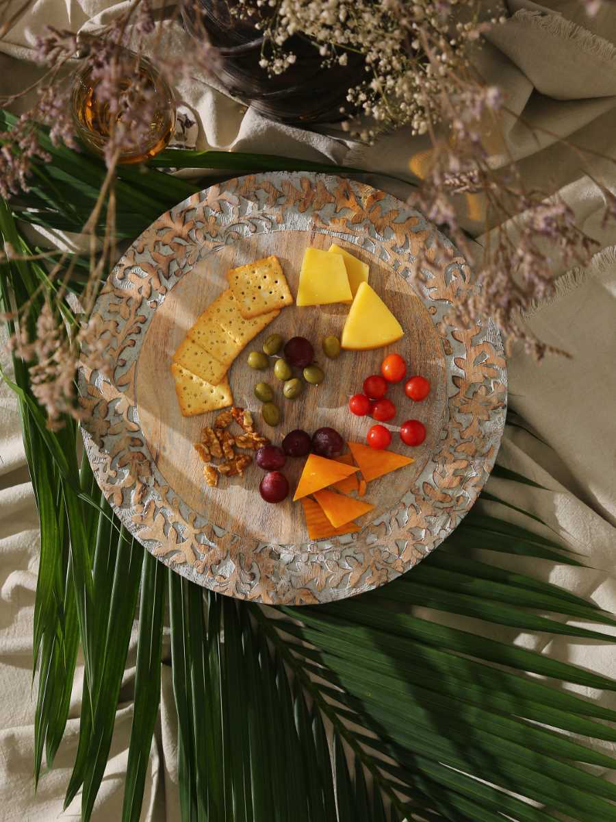 Grey White Wash Finish Lazy Susan Platter With Hand Carved Border