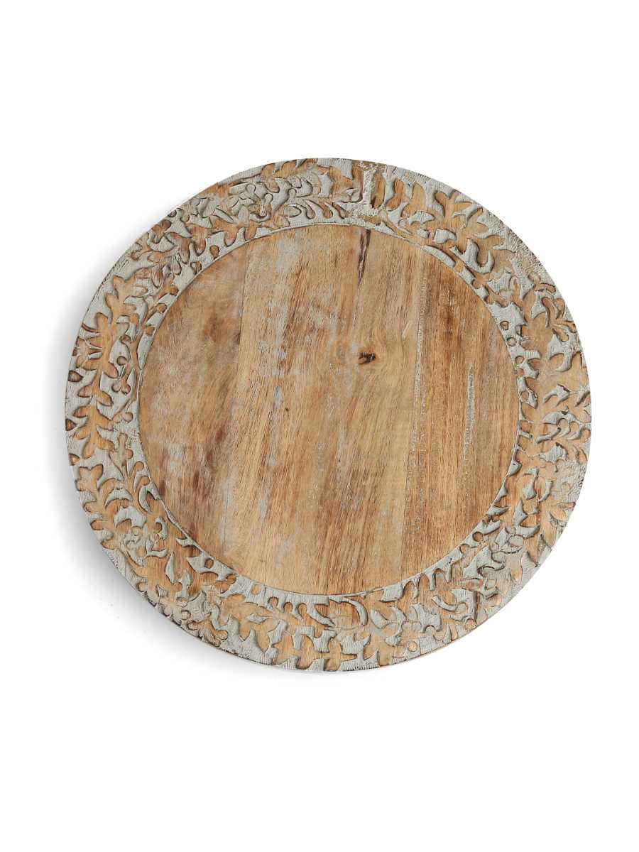 Grey White Wash Finish Lazy Susan Platter With Hand Carved Border