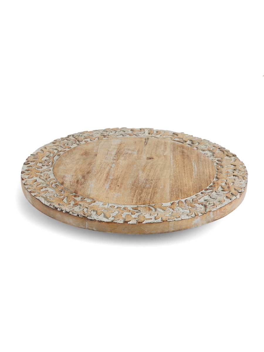 Grey White Wash Finish Lazy Susan Platter With Hand Carved Border