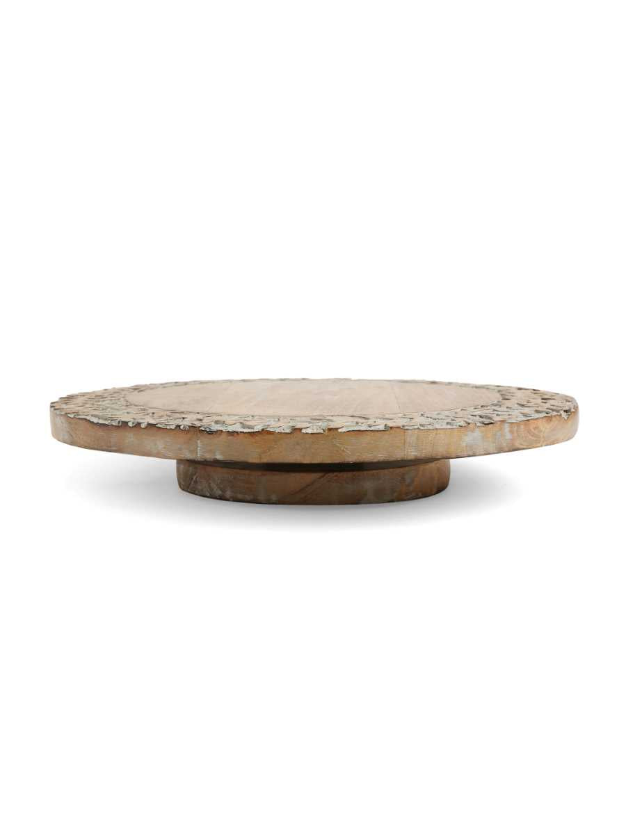 Grey White Wash Finish Lazy Susan Platter With Hand Carved Border