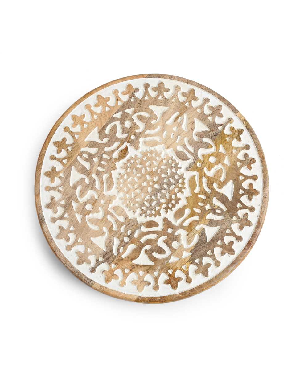 Extensively Carved Lazy Susan Platter In White Wash Finish