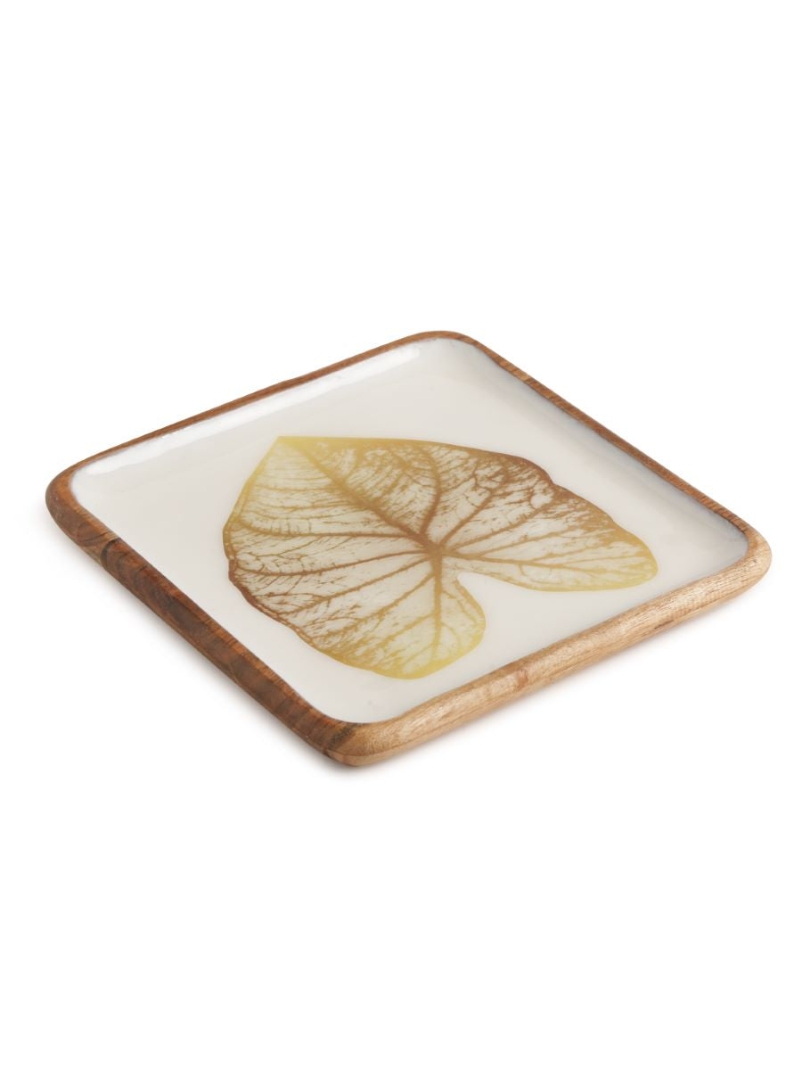 Mango Wooden Platter In Enamel Finish With Gold Leaf Design