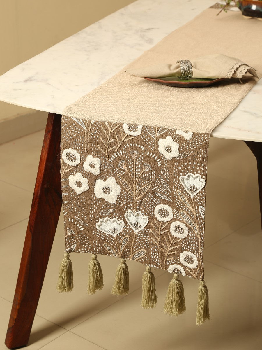 Beige And Black Hand Painted Embellished Table Runner