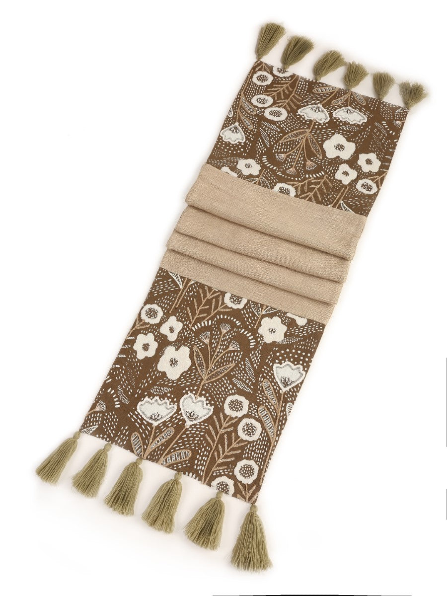 Beige And Black Hand Painted Embellished Table Runner