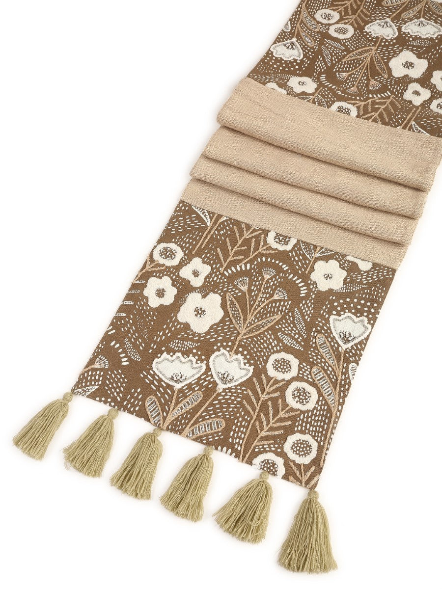 Beige And Black Hand Painted Embellished Table Runner