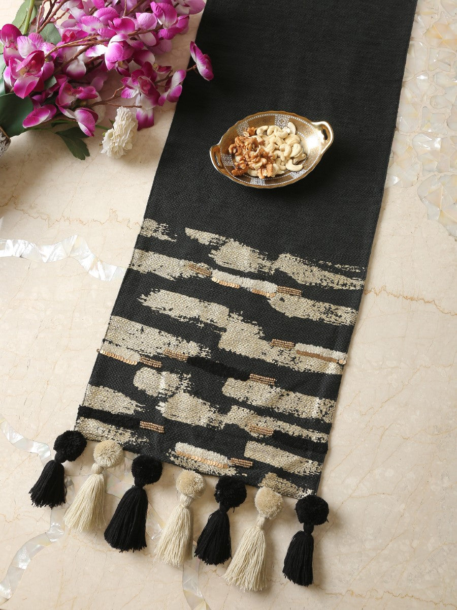 Charcoal Black Table Runner With Embellishment And Gold Foiling