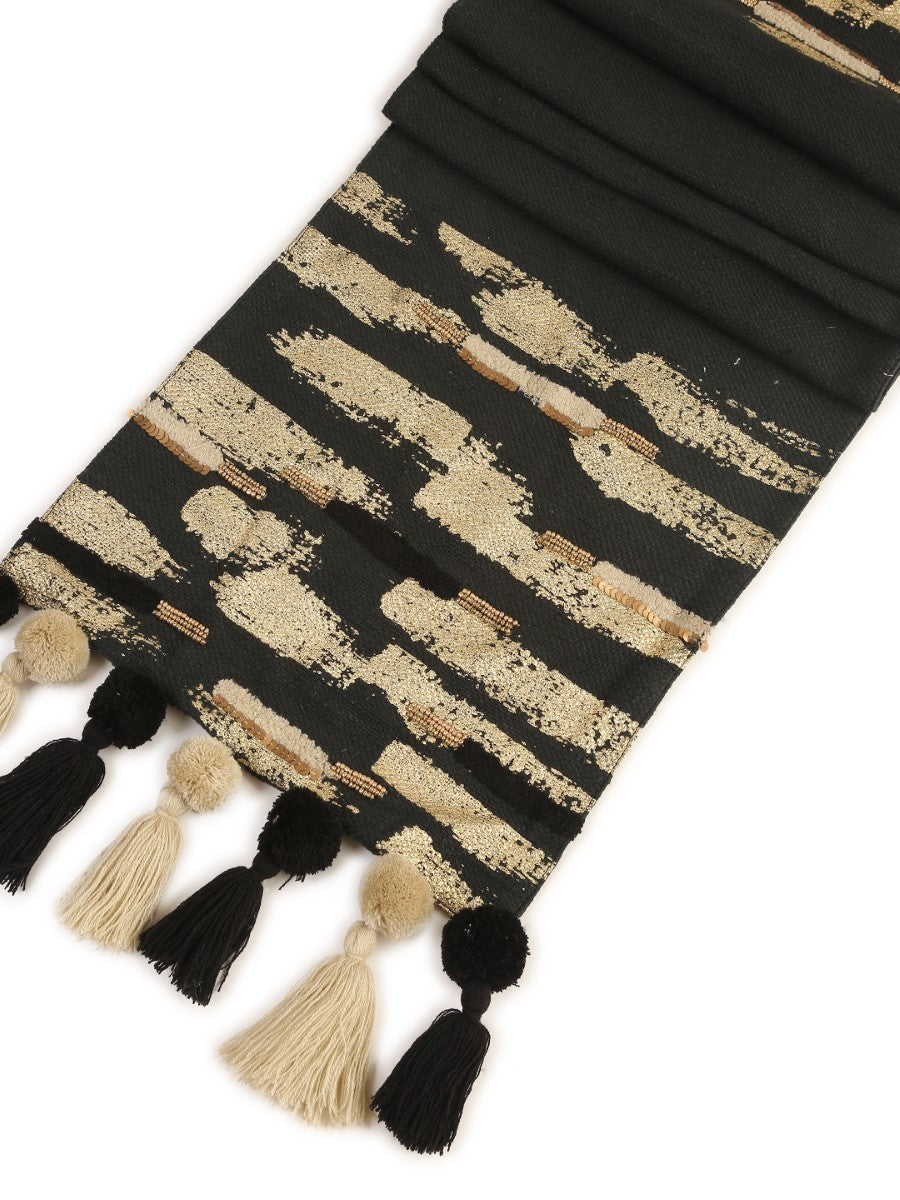 Charcoal Black Table Runner With Embellishment And Gold Foiling