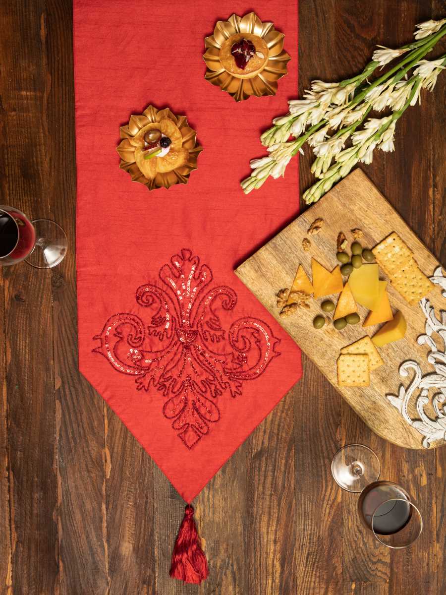 Red Table Runner With Tone On Tone Beads, Sequin And Tassels