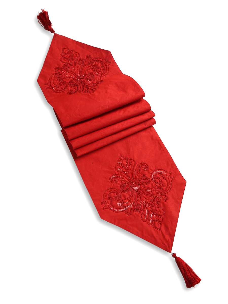 Red Table Runner With Tone On Tone Beads, Sequin And Tassels