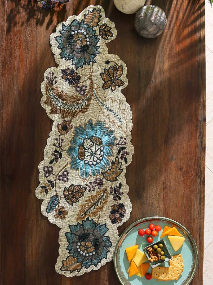 Blue And Multicolor Hand Beaded Decorative Table Runner With Pearl Details