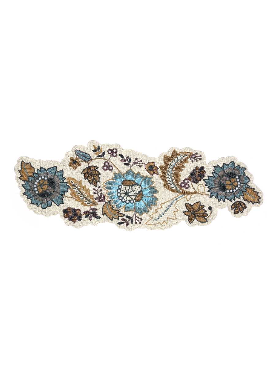 Blue And Multicolor Hand Beaded Decorative Table Runner With Pearl Details