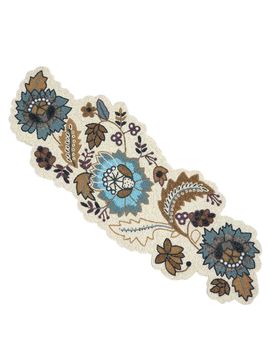 Blue And Multicolor Hand Beaded Decorative Table Runner With Pearl Details