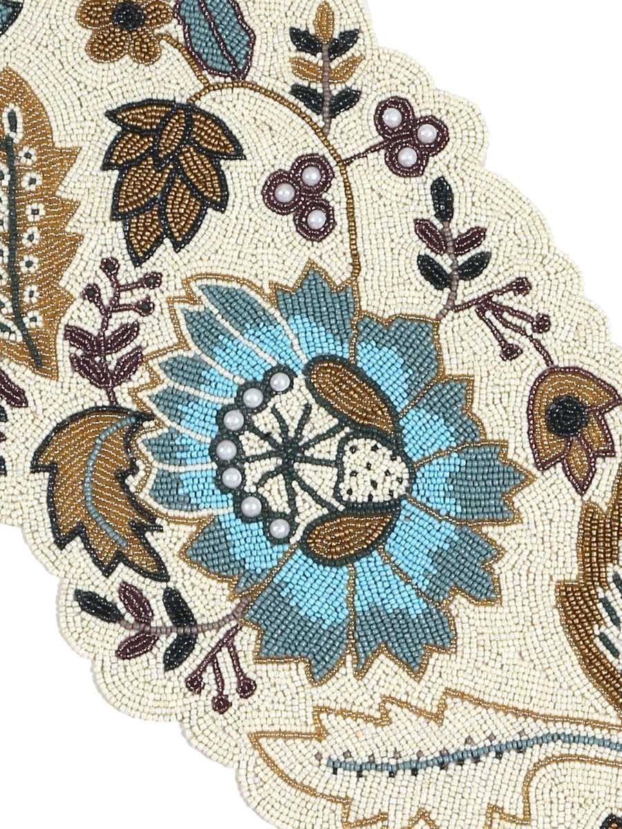 Blue And Multicolor Hand Beaded Decorative Table Runner With Pearl Details