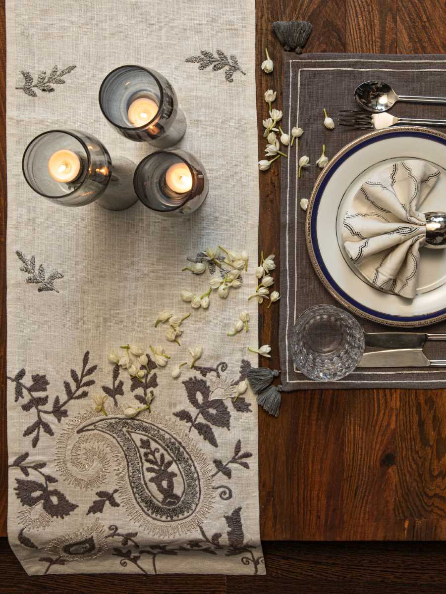 Ivory And Grey Embroidered Table Runner