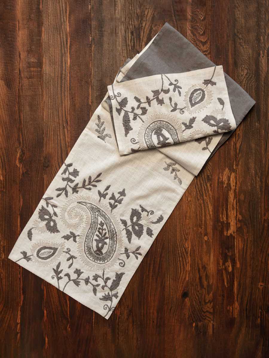 Ivory And Grey Embroidered Table Runner