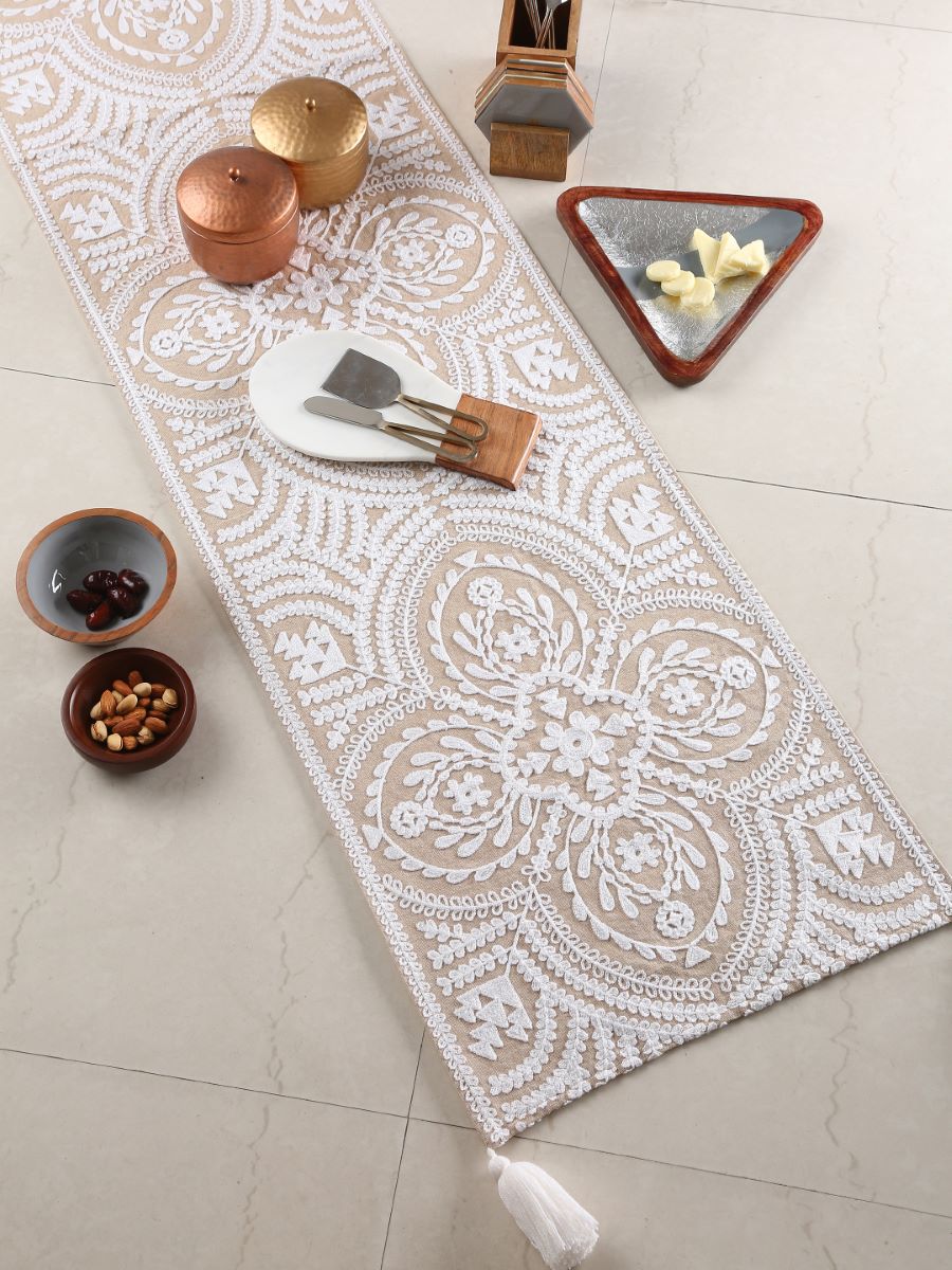 Mehrab Embroidered Table Runner With White Embroidery And Tassels On Beige Cotton