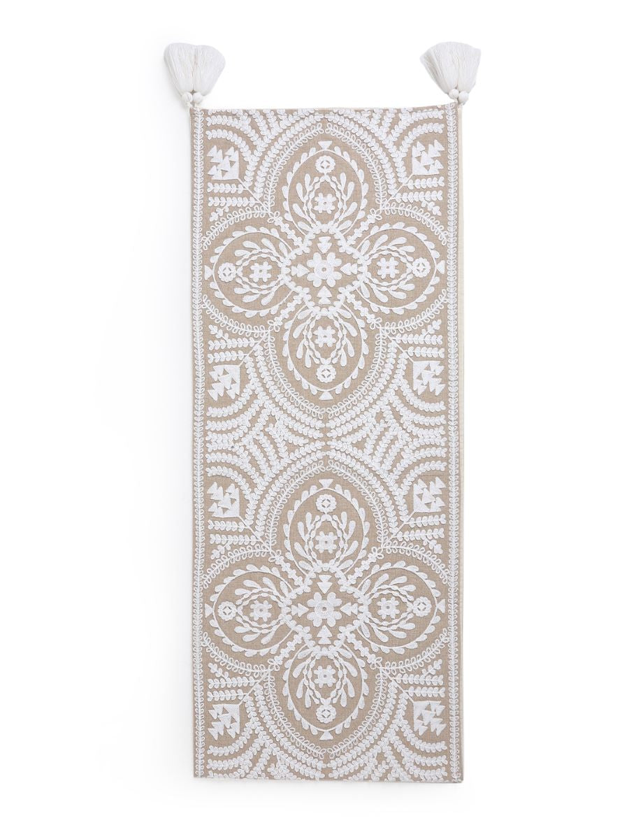 Mehrab Embroidered Table Runner With White Embroidery And Tassels On Beige Cotton