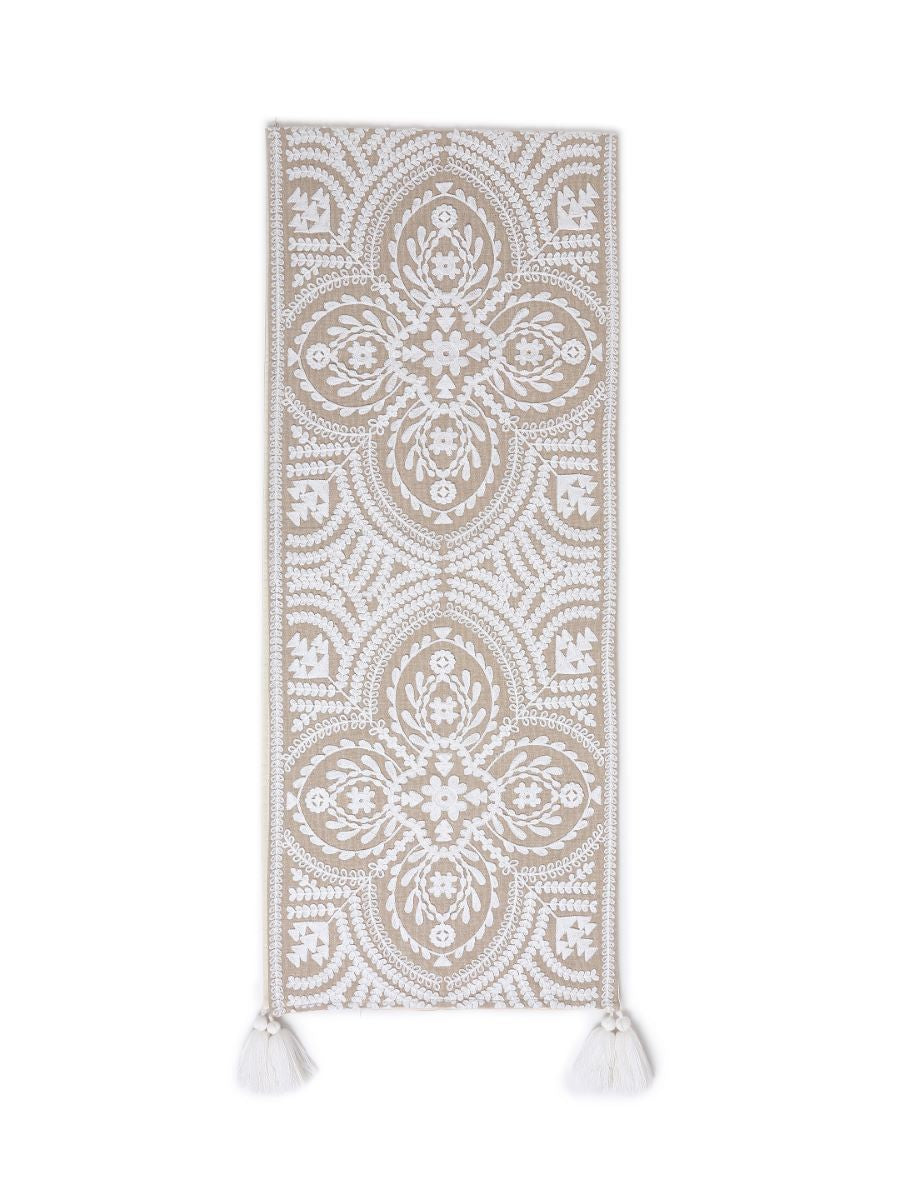 Mehrab Embroidered Table Runner With White Embroidery And Tassels On Beige Cotton