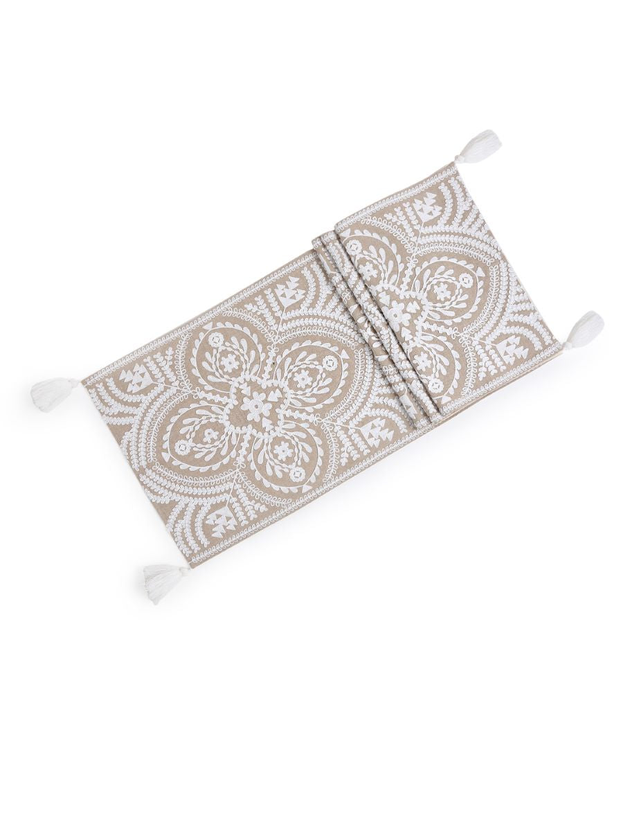 Mehrab Embroidered Table Runner With White Embroidery And Tassels On Beige Cotton