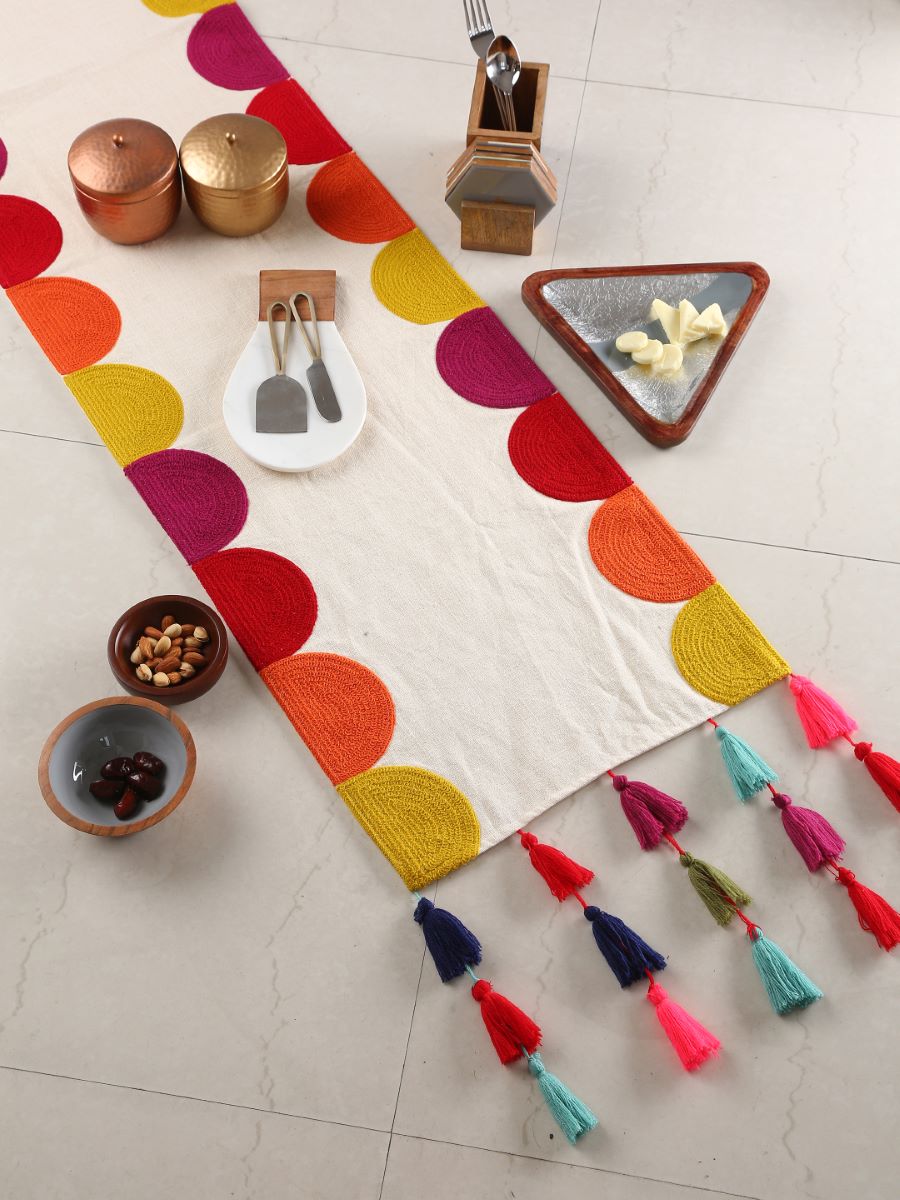 Elegant Cotton Table Runner With Multicolor Embroidered Border And Tassels