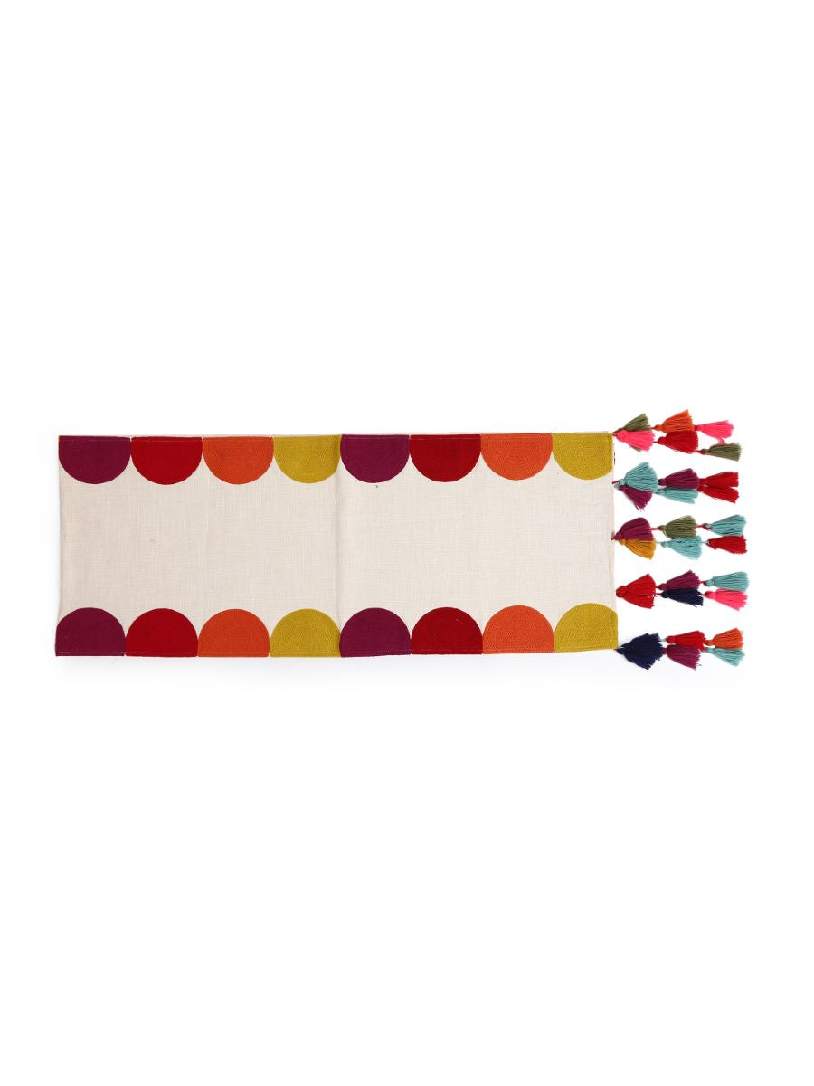 Elegant Cotton Table Runner With Multicolor Embroidered Border And Tassels