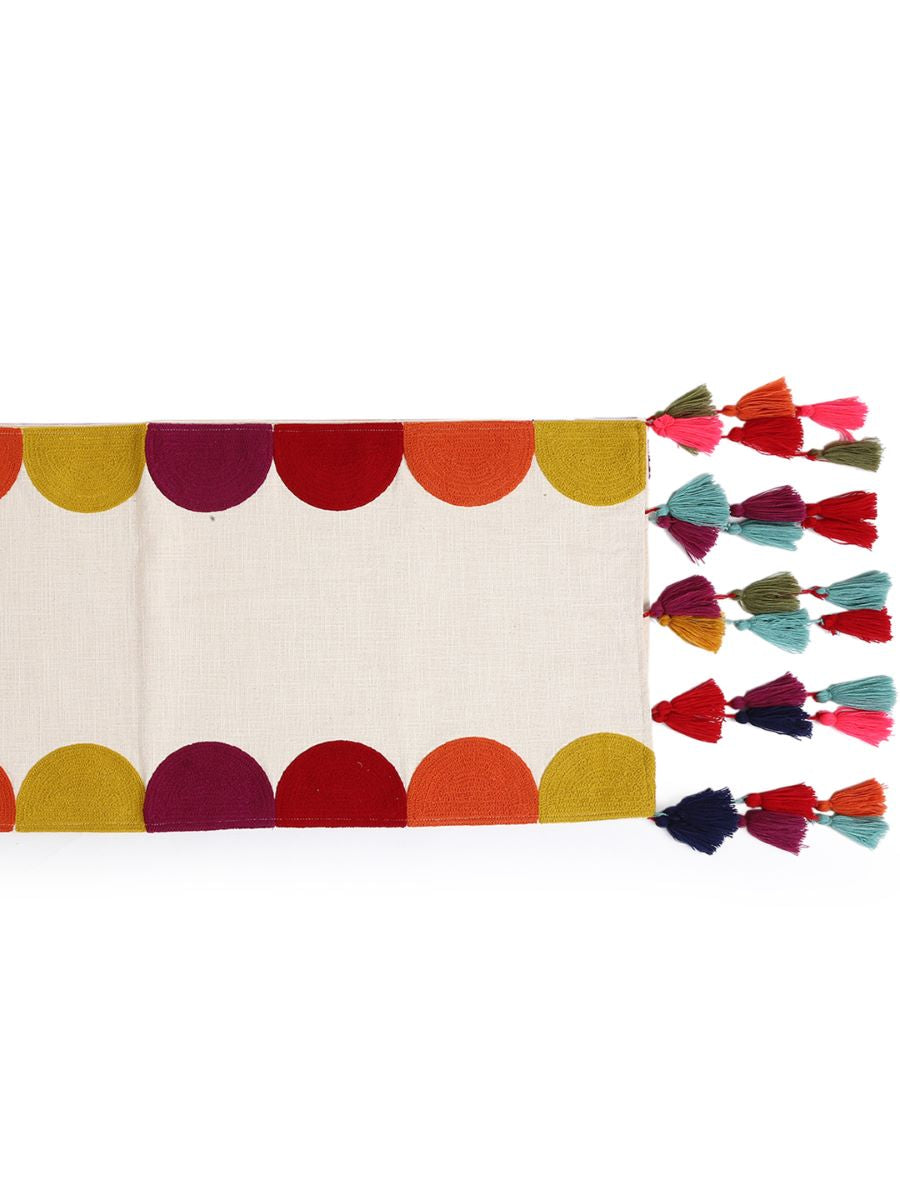 Elegant Cotton Table Runner With Multicolor Embroidered Border And Tassels