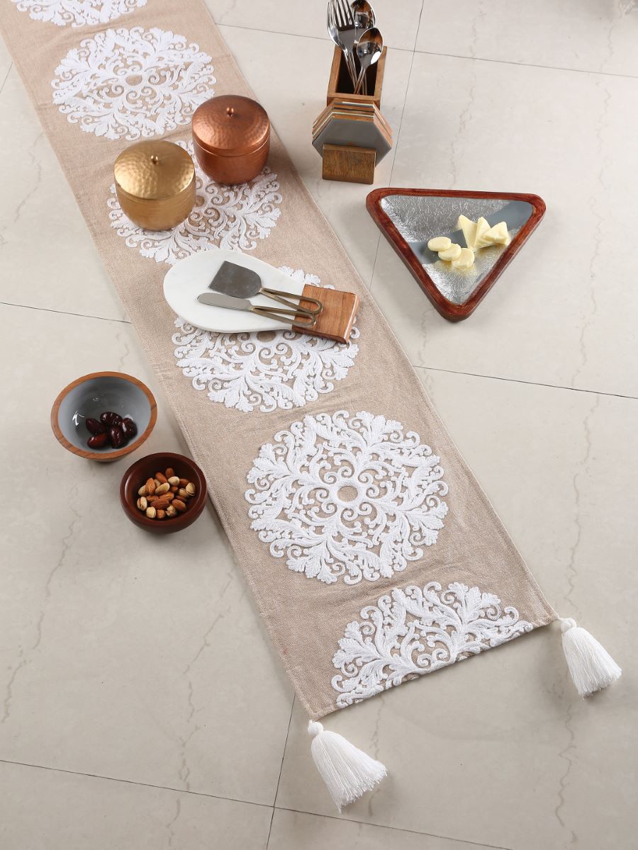 Elegant Ivory Embroidered Cotton Table Runner In Beige Color
