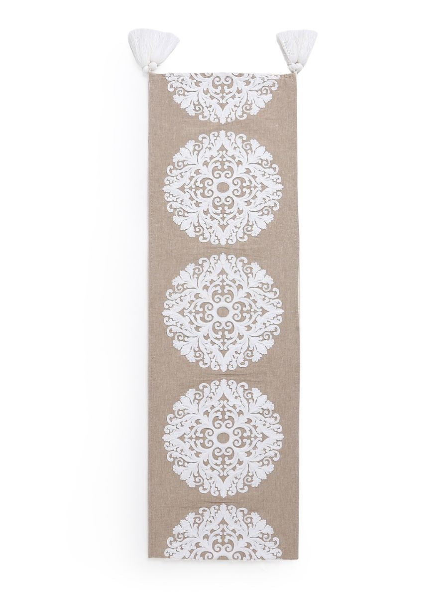 Elegant Ivory Embroidered Cotton Table Runner In Beige Color