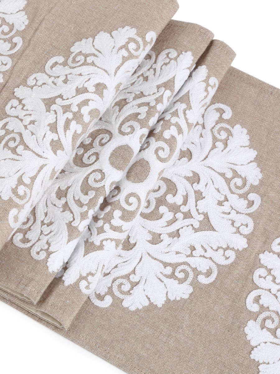Elegant Ivory Embroidered Cotton Table Runner In Beige Color